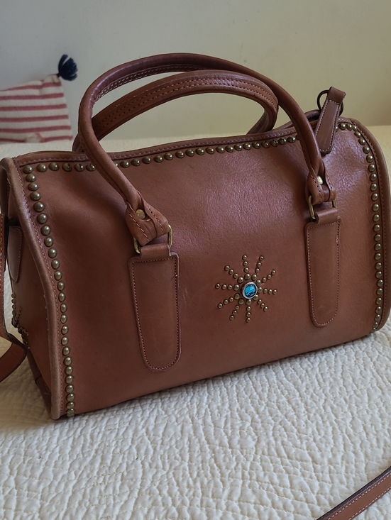 Coach Handbags - Coach Tan Leather Satchel with Turquoise Sunburst Accent